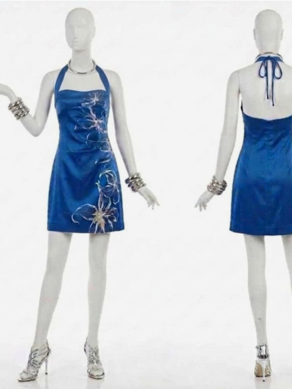 Vintage Cache Y2K Halter Dress 10 M Blue Silver Foil Metallic Zenon Costume sexy